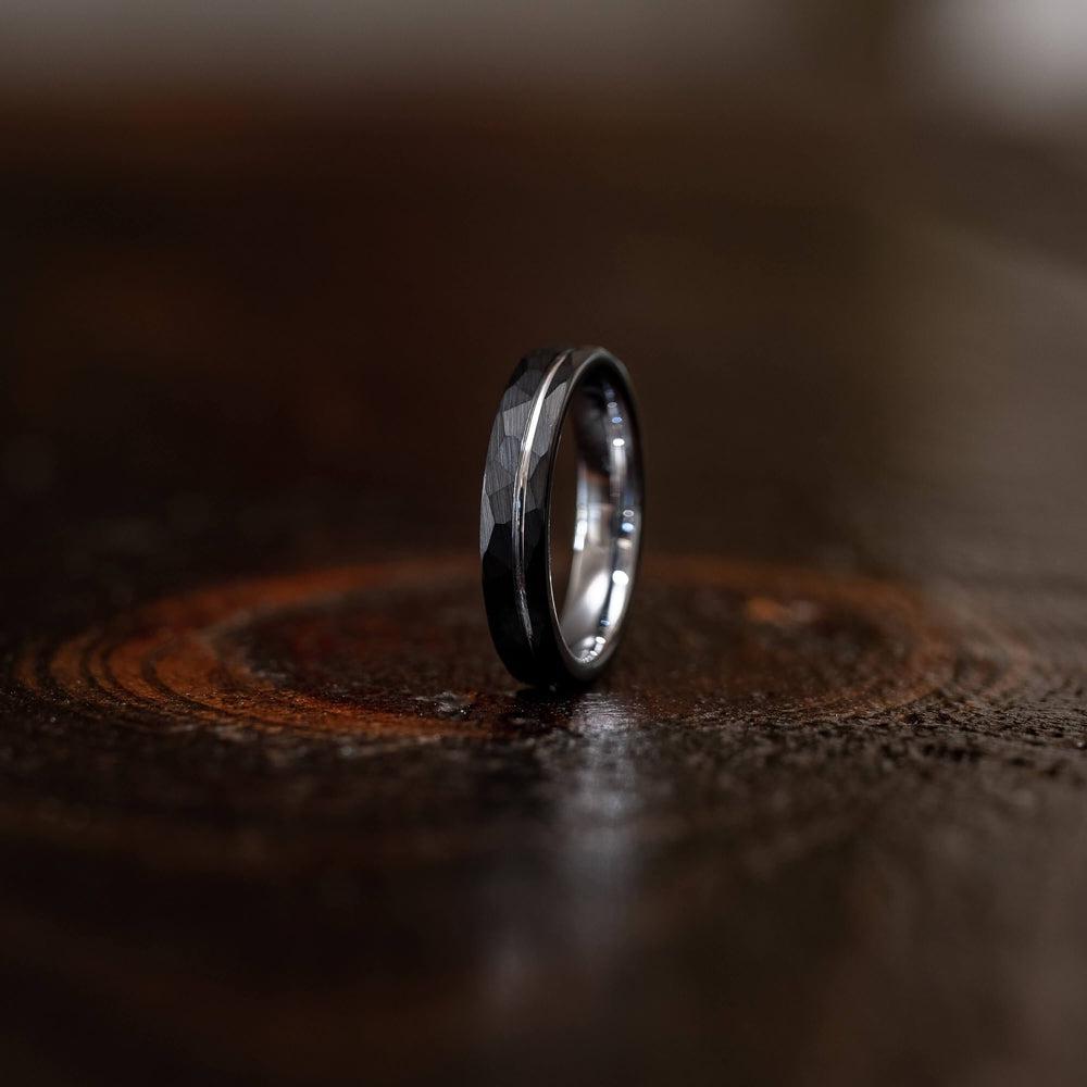 "Zeus" Hammered Tungsten Carbide Ring- Black w/ White Gold Strip- 8mm-Rings By Lux