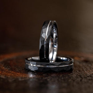 "Zeus" Womens Hammered Tungsten Carbide Ring- Black w/ White Gold Strip- 4mm-Rings By Lux