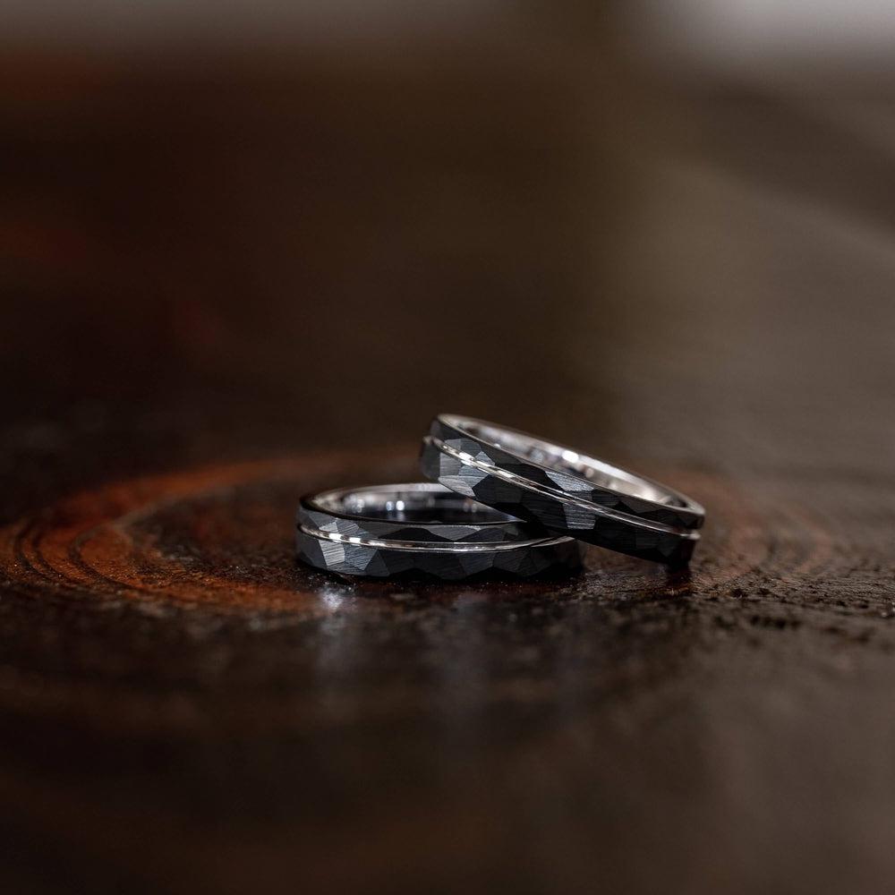 "Zeus" Hammered Tungsten Carbide Ring- Black w/ White Gold Strip- 8mm-Rings By Lux