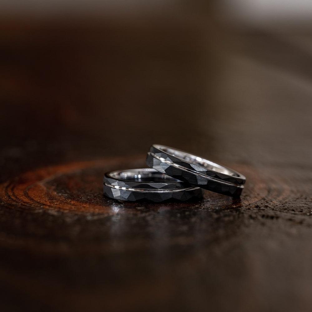 "Zeus" Womens Hammered Tungsten Carbide Ring- Black w/ White Gold Strip- 4mm-Rings By Lux