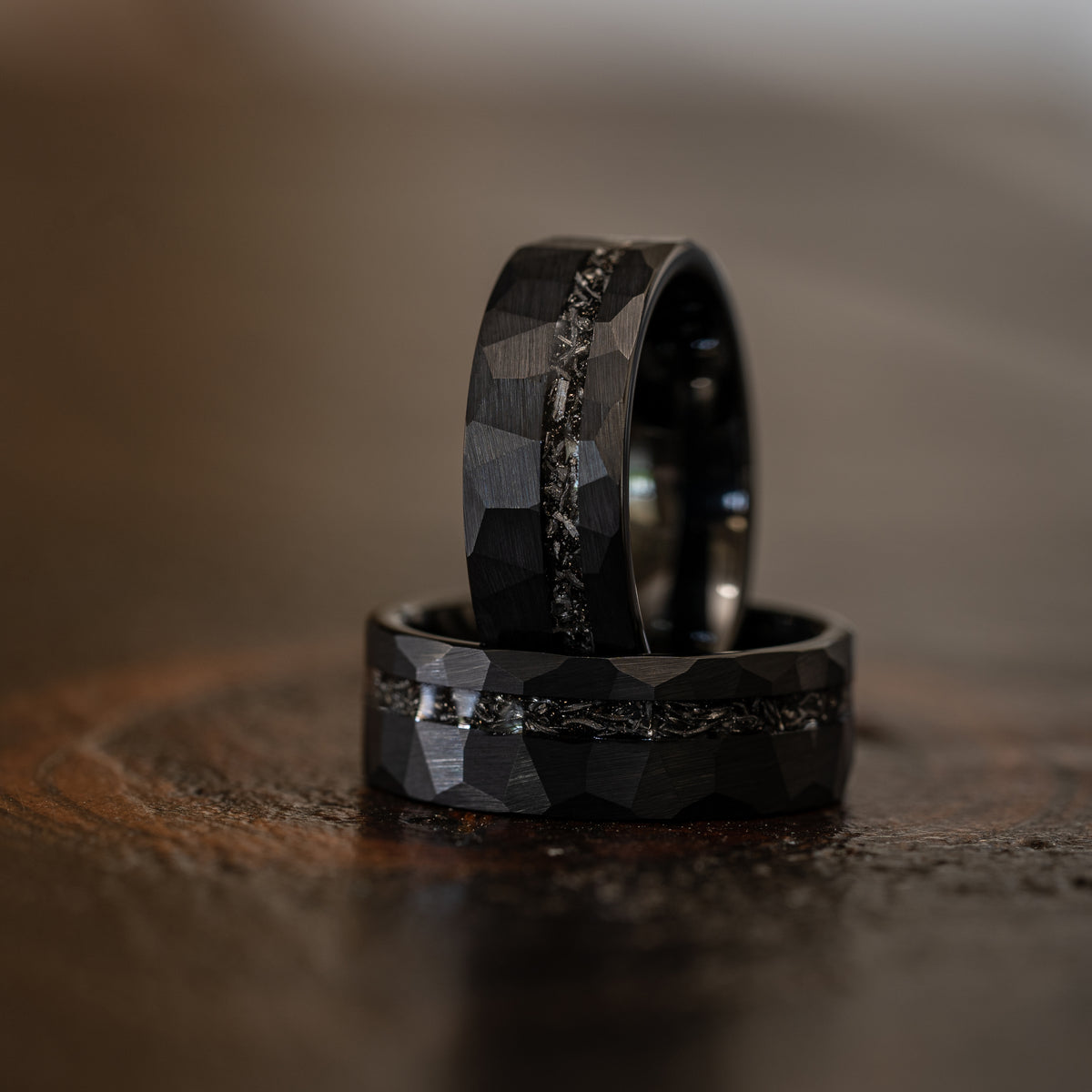 "Zeus" Hammered Tungsten Carbide Ring- Black w/ Meteorite- 8mm