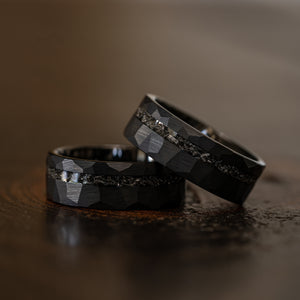 "Zeus" Hammered Tungsten Carbide Ring- Black w/ Meteorite- 8mm
