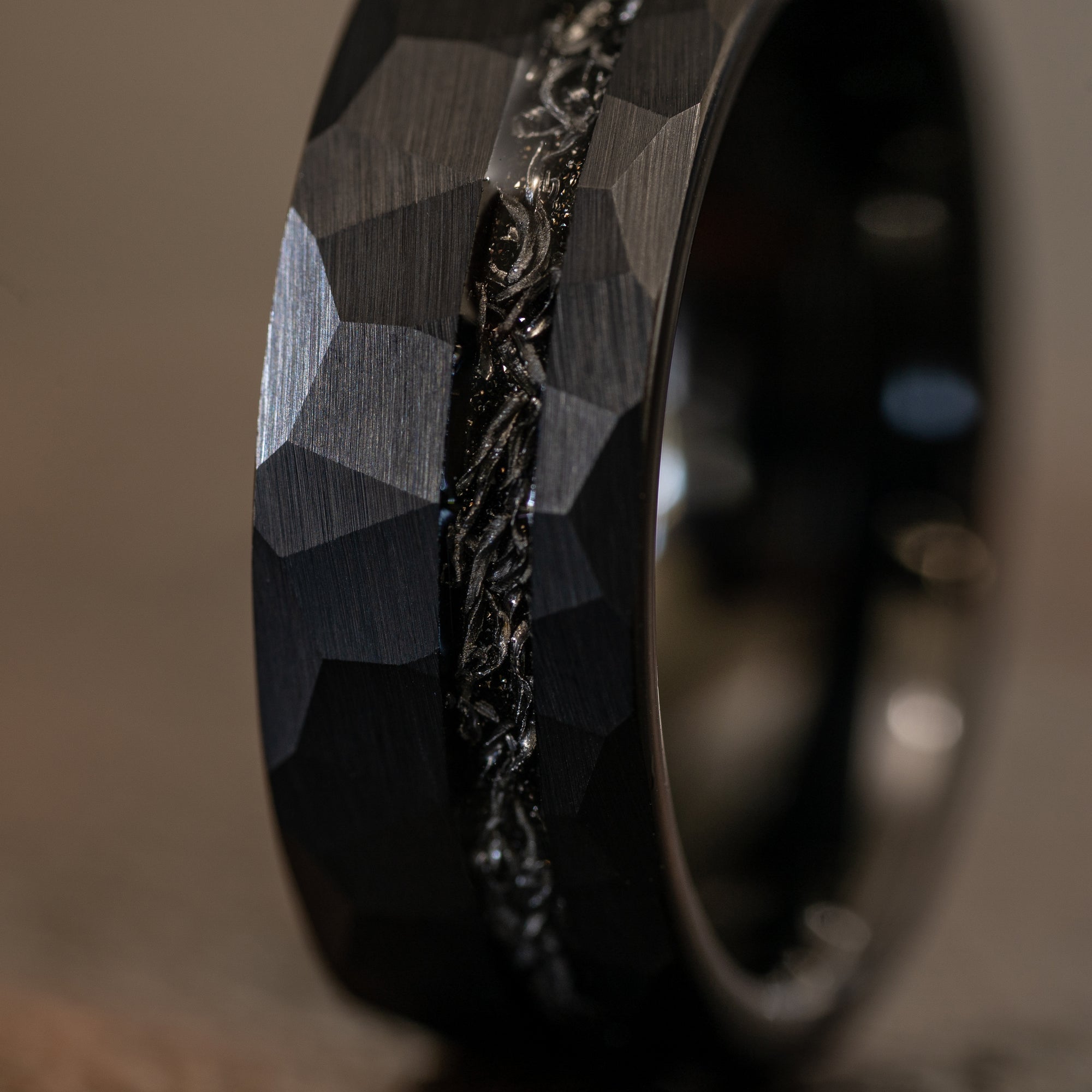 "Zeus" Hammered Tungsten Carbide Ring- Black w/ Meteorite- 8mm