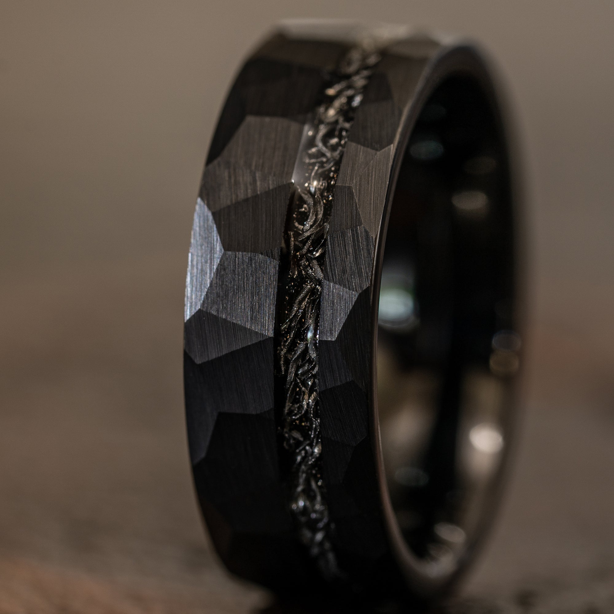 "Zeus" Hammered Tungsten Carbide Ring- Black w/ Meteorite- 8mm