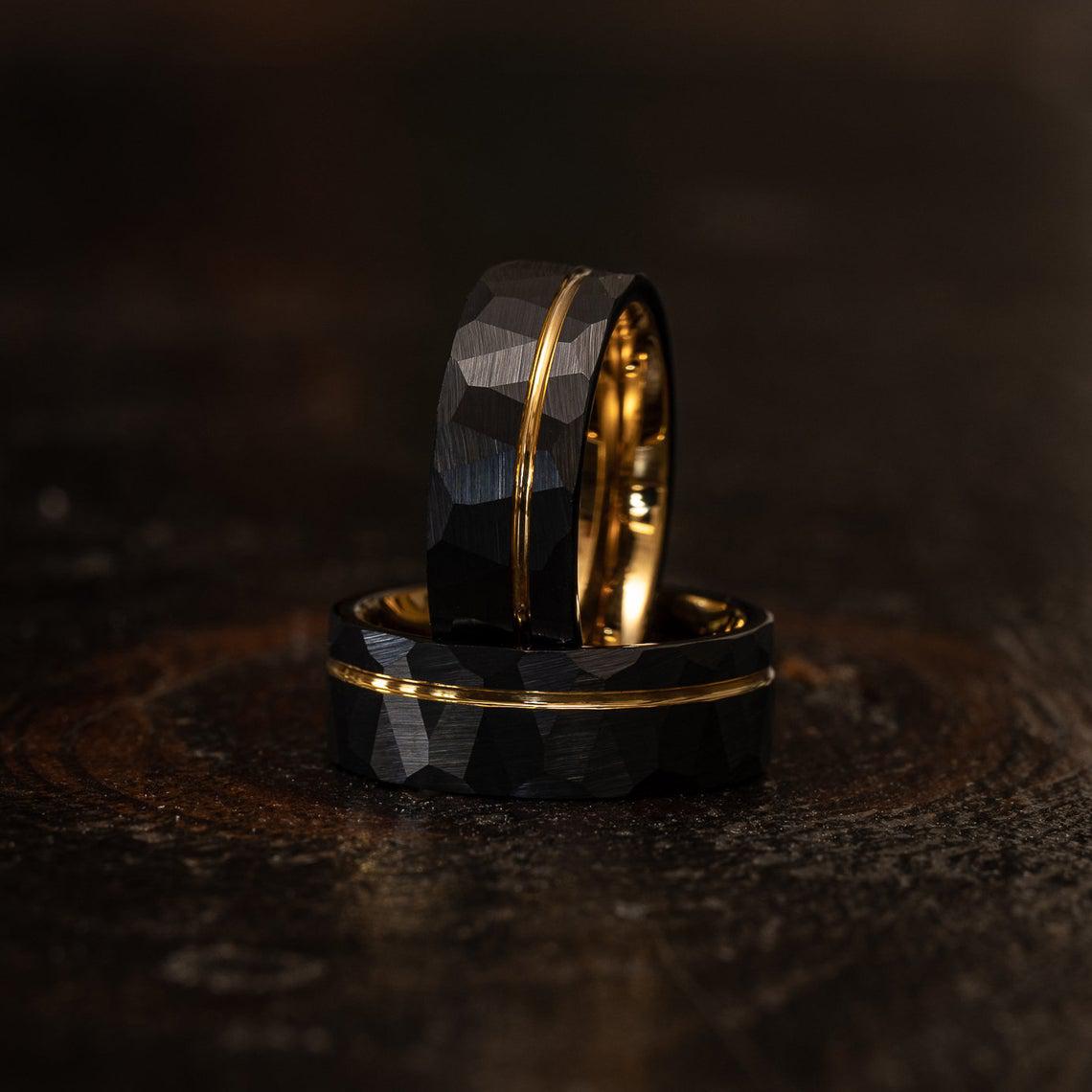 &quot;Zeus&quot; Hammered Tungsten Carbide Ring- Black w/ Yellow Gold Strip- 6mm/8mm