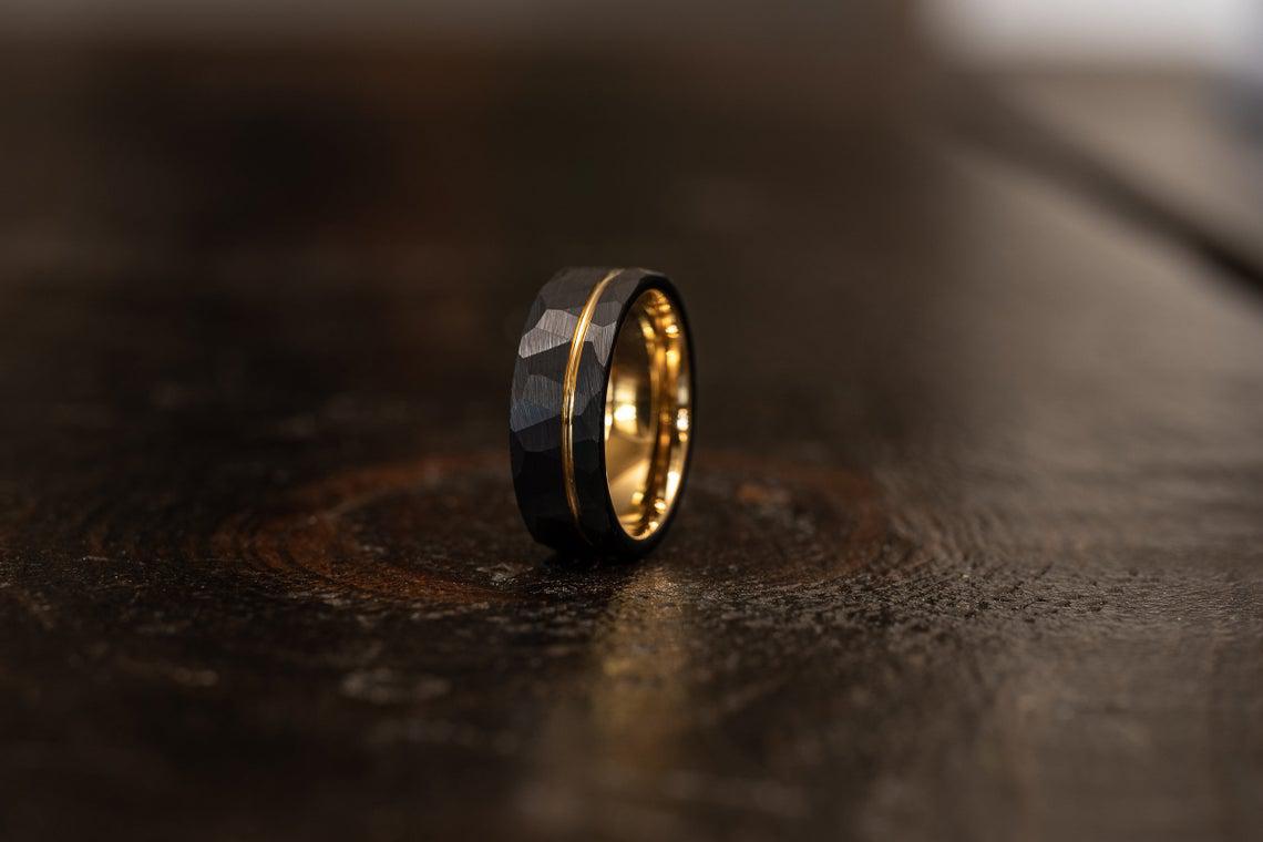 Zeus Hammered Tungsten Carbide Ring- Black w/ Black Opal Strip- 8mm - RBL