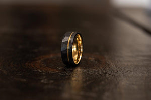 "Zeus" Hammered Tungsten Carbide Ring- Black w/ Yellow Gold Strip- 6mm/8mm