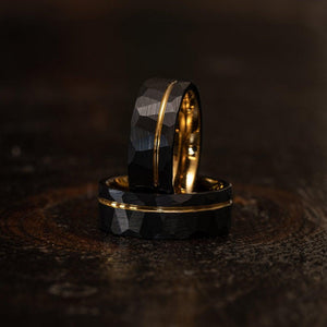Zeus Hammered Tungsten Carbide Ring- Black w/ Yellow Gold Strip- 6mm - RBL