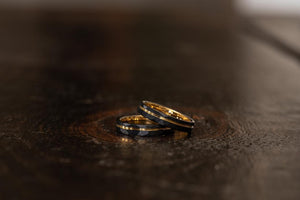 "Zeus" Womens Hammered Tungsten Carbide Ring- Black w/ Yellow Gold Strip- 4mm