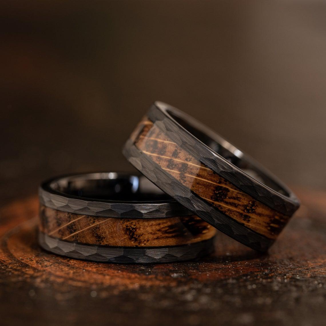 &quot;Zeus&quot; Hammered Tungsten Carbide Ring- Black with Charred Whiskey Barrel