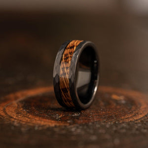 "Zeus" Hammered Tungsten Carbide Ring- Black with Charred Whiskey Barrel