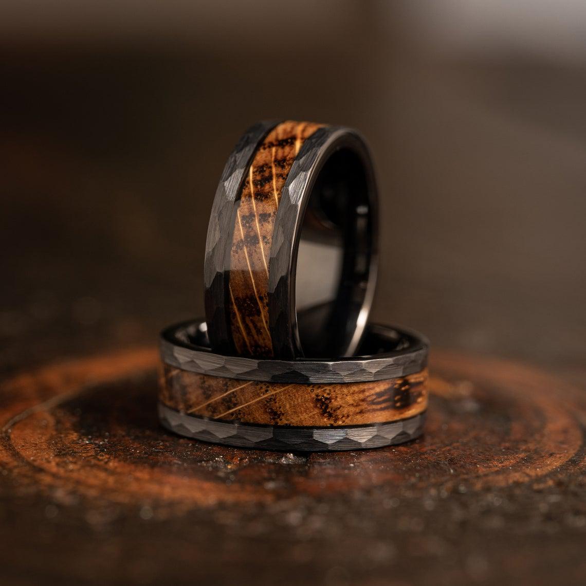 "Zeus" Hammered Tungsten Carbide Ring- Black with Charred Whiskey Barrel