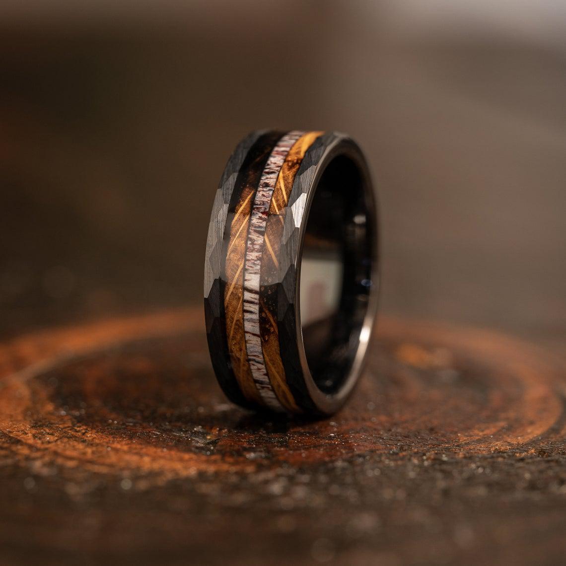 "Zeus" Hammered Ring- Black with Charred Whiskey Barrel and Antler - 6mm/8mm