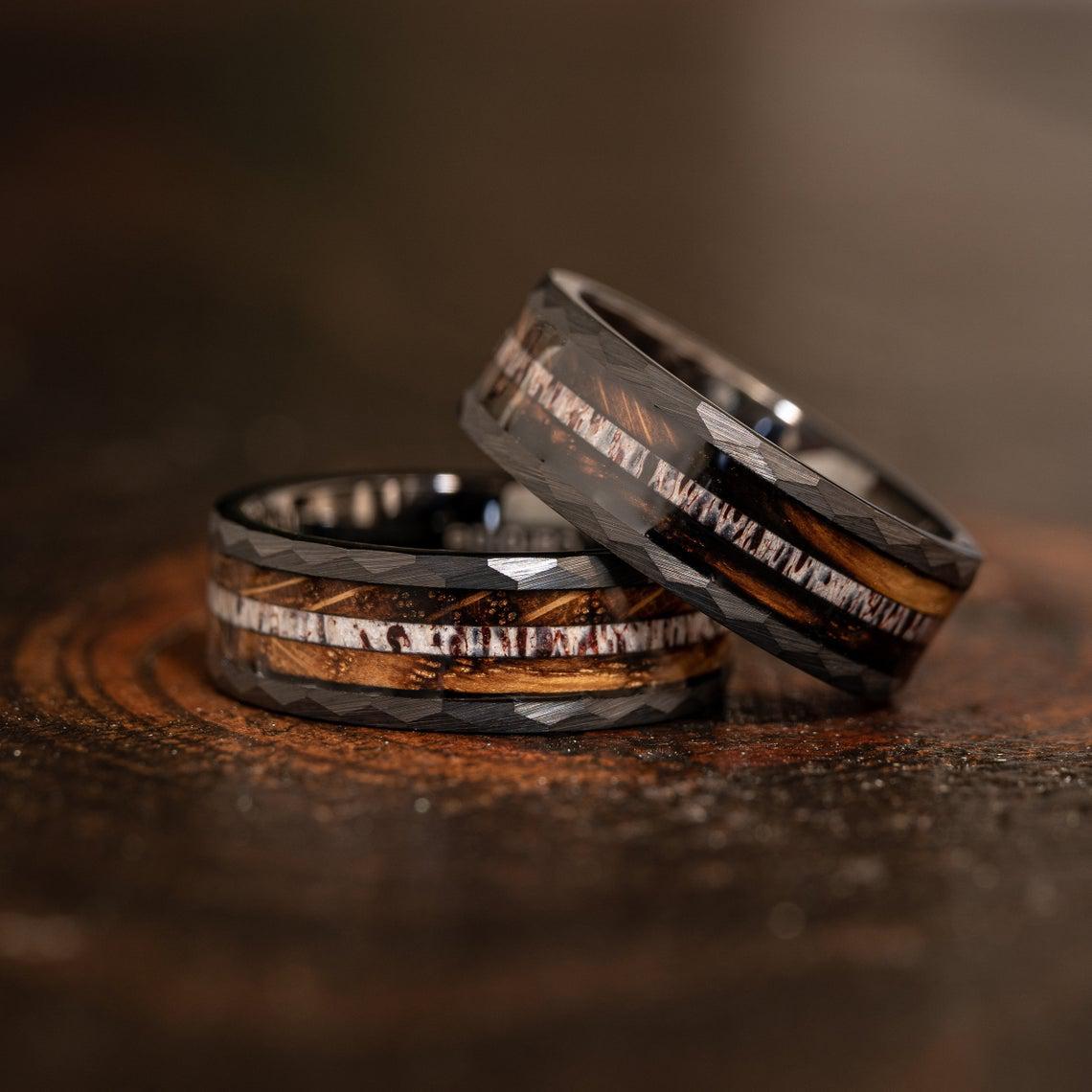 &quot;Zeus&quot; Hammered Ring- Black with Charred Whiskey Barrel and Antler - 6mm/8mm