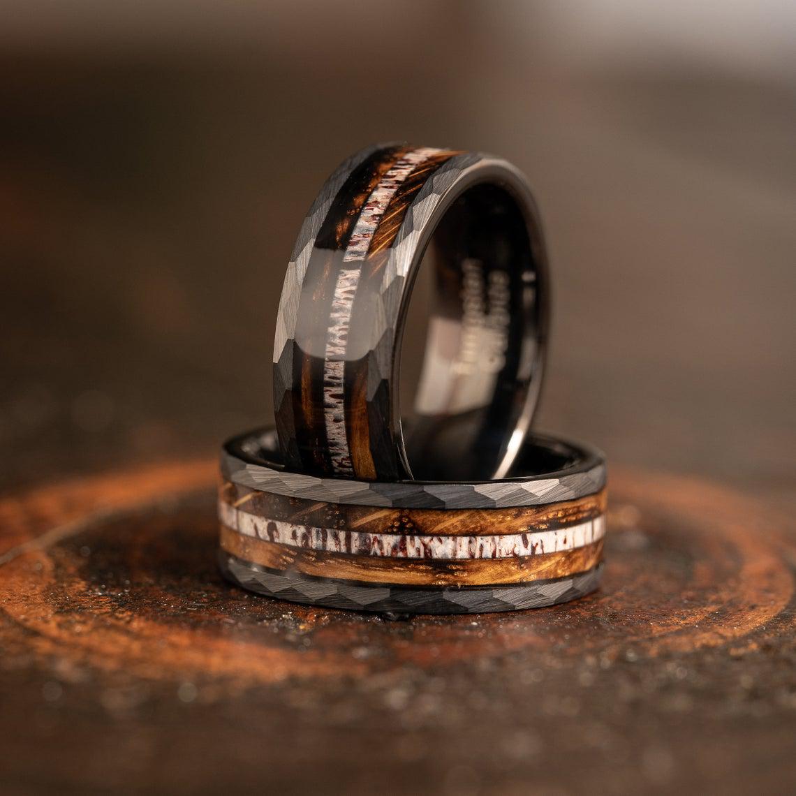 "Zeus" Hammered Ring- Black with Charred Whiskey Barrel and Antler - 6mm/8mm