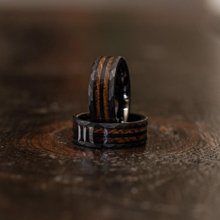 &quot;Zeus&quot; Hammered Ring- Black with Charred Whiskey Barrel and Guitar String