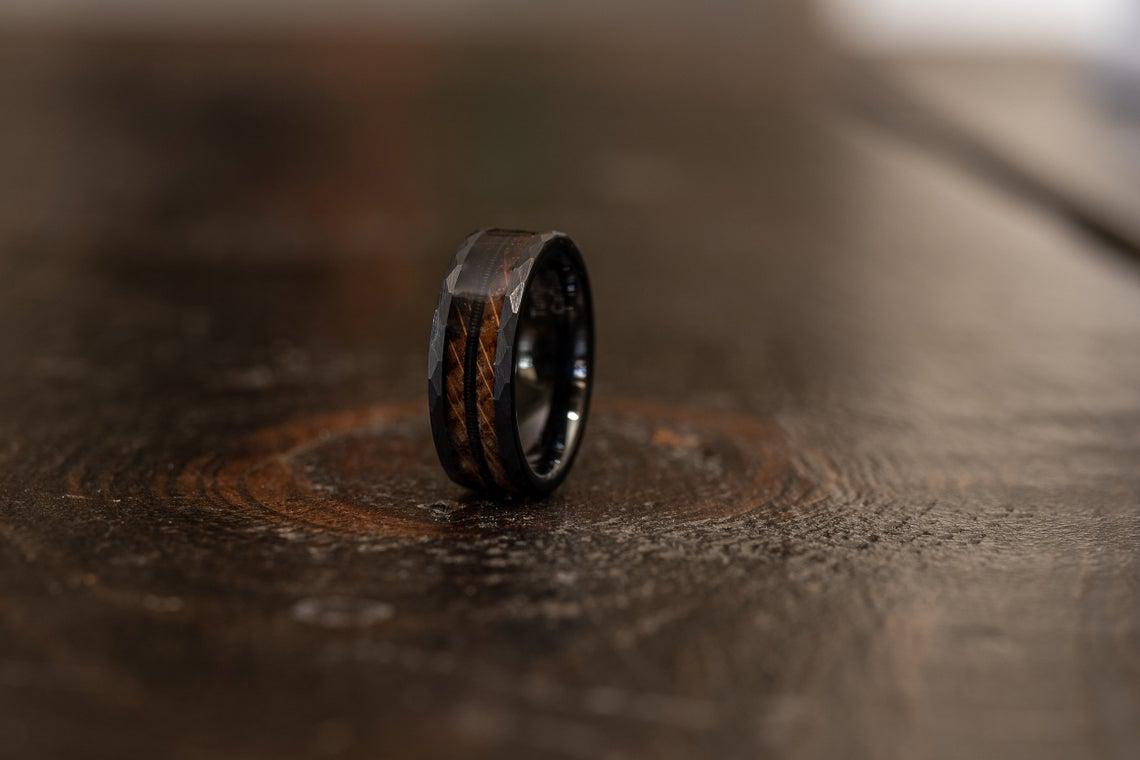 "Zeus" Hammered Ring- Black with Charred Whiskey Barrel and Guitar String