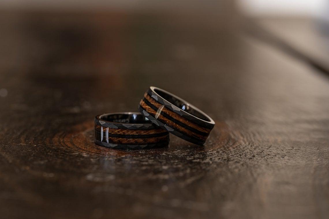 "Zeus" Hammered Ring- Black with Charred Whiskey Barrel and Guitar String