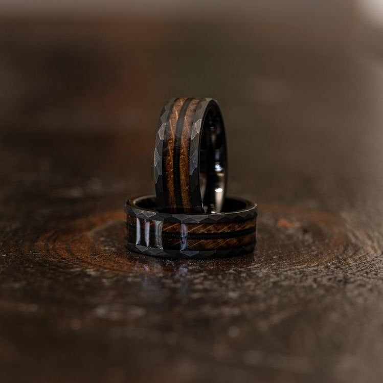 "Zeus" Hammered Ring- Black with Charred Whiskey Barrel and Guitar String