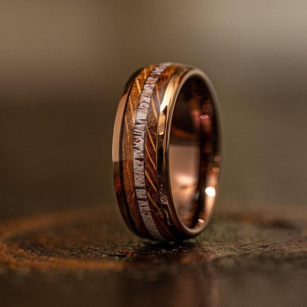 &quot;Dionysus&quot; Whisky Barrel Wood x Antler Ring- Rose Gold Tungsten-Rings By Lux