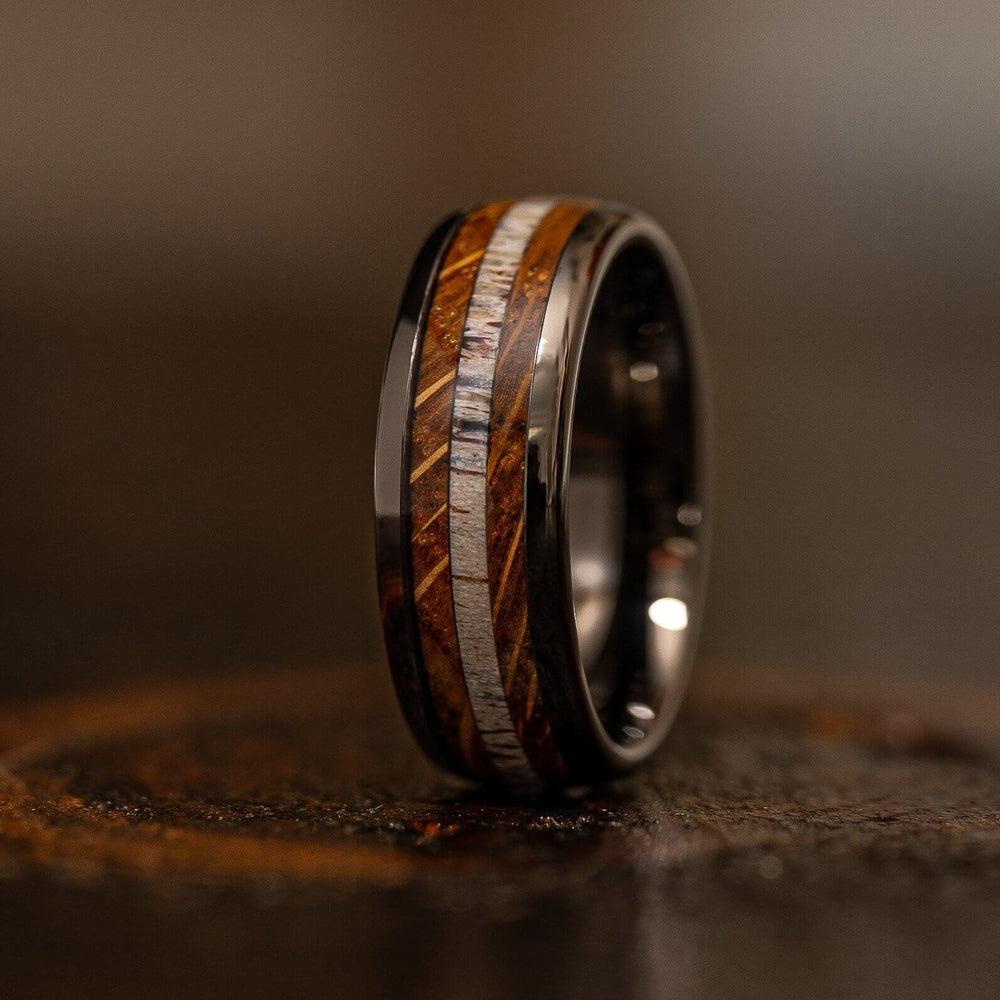 &quot;Dionysus&quot; Whisky Barrel Wood x Antler Ring- Gunmetal Tungsten-Rings By Lux