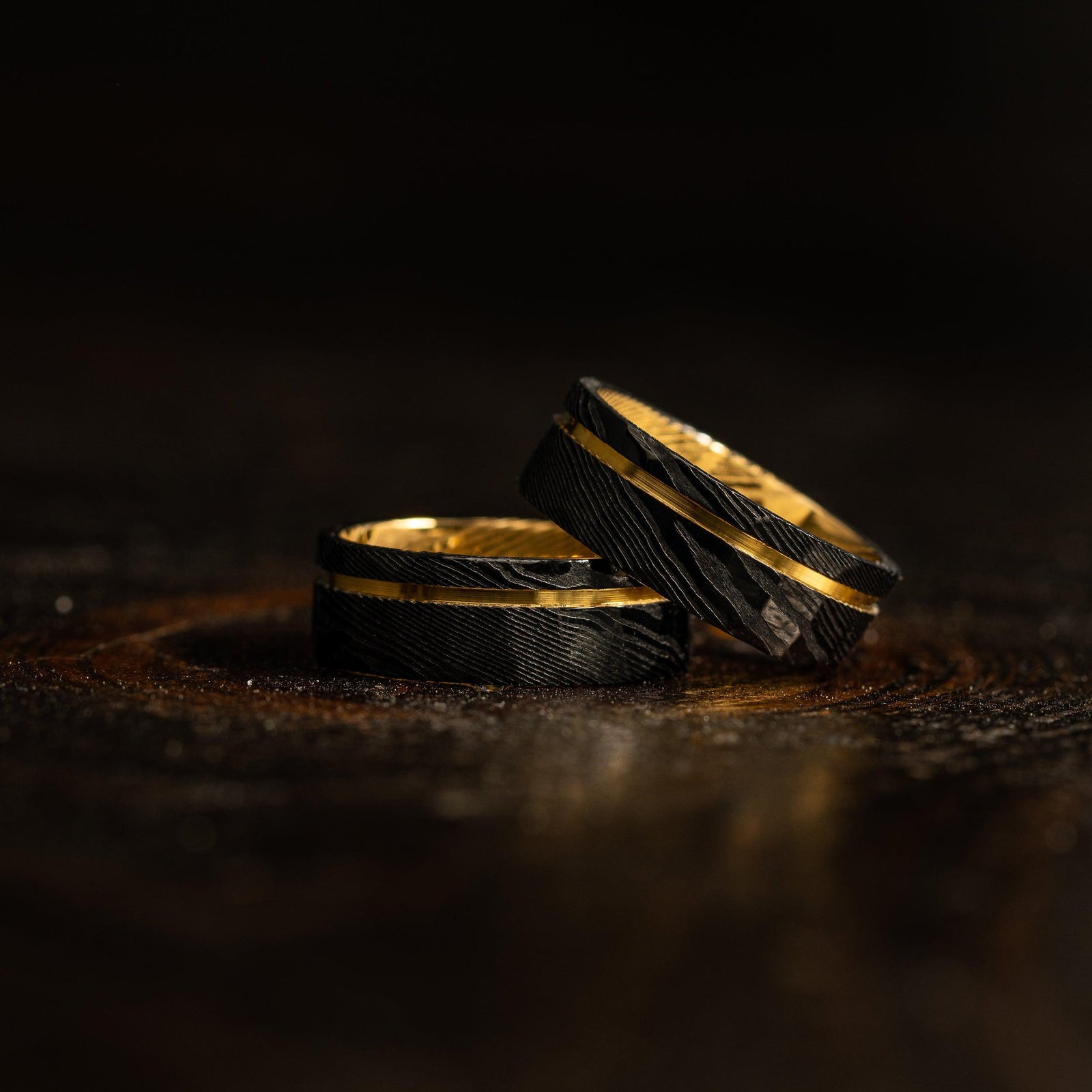 Black Hammered Flat "Poseidon" Yellow Gold Steel Ring
