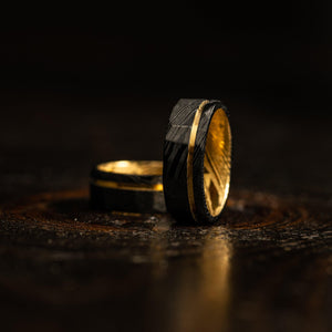 Black Hammered Flat "Poseidon" Yellow Gold Steel Ring