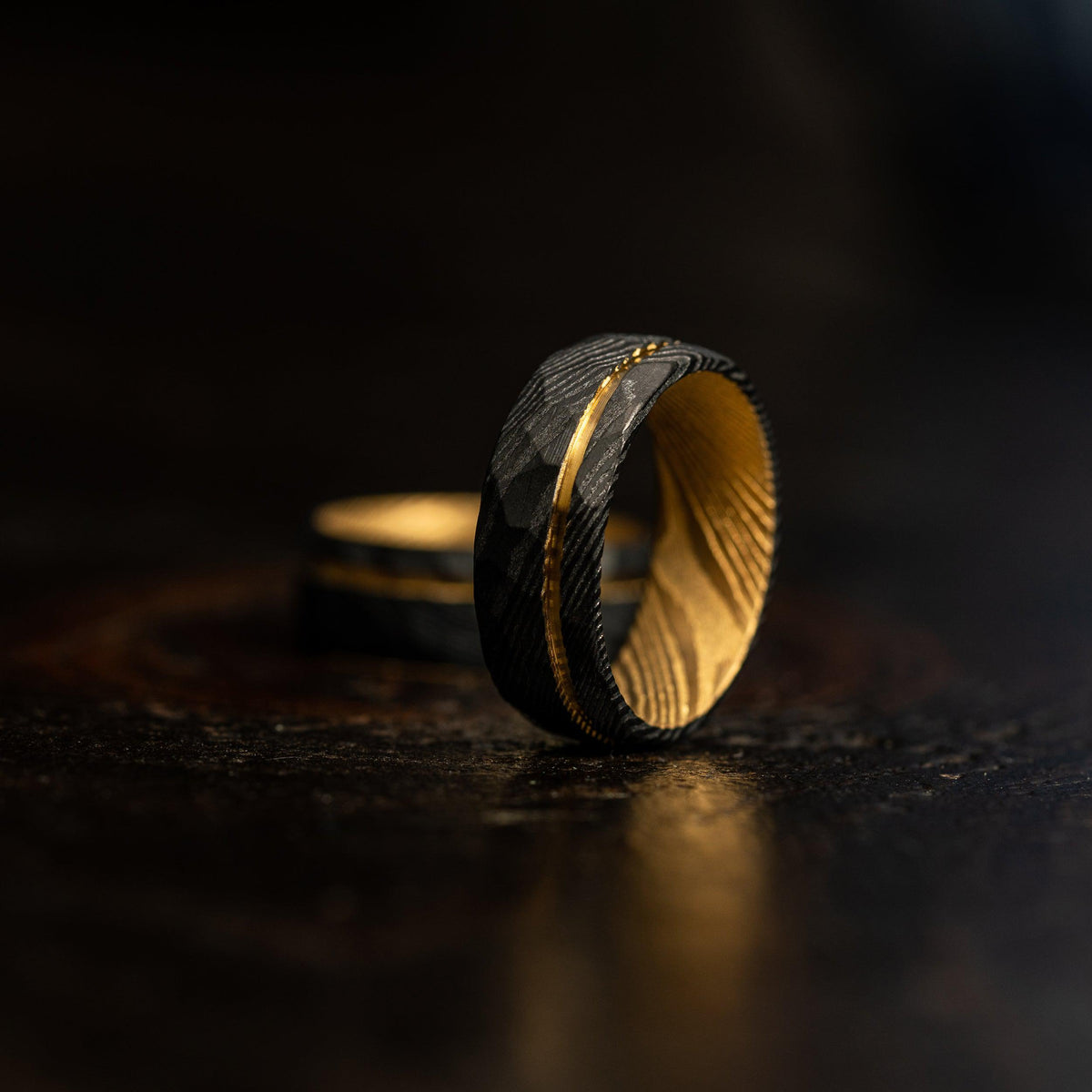 Black Hammered &quot;Poseidon&quot; Yellow Gold Steel Ring