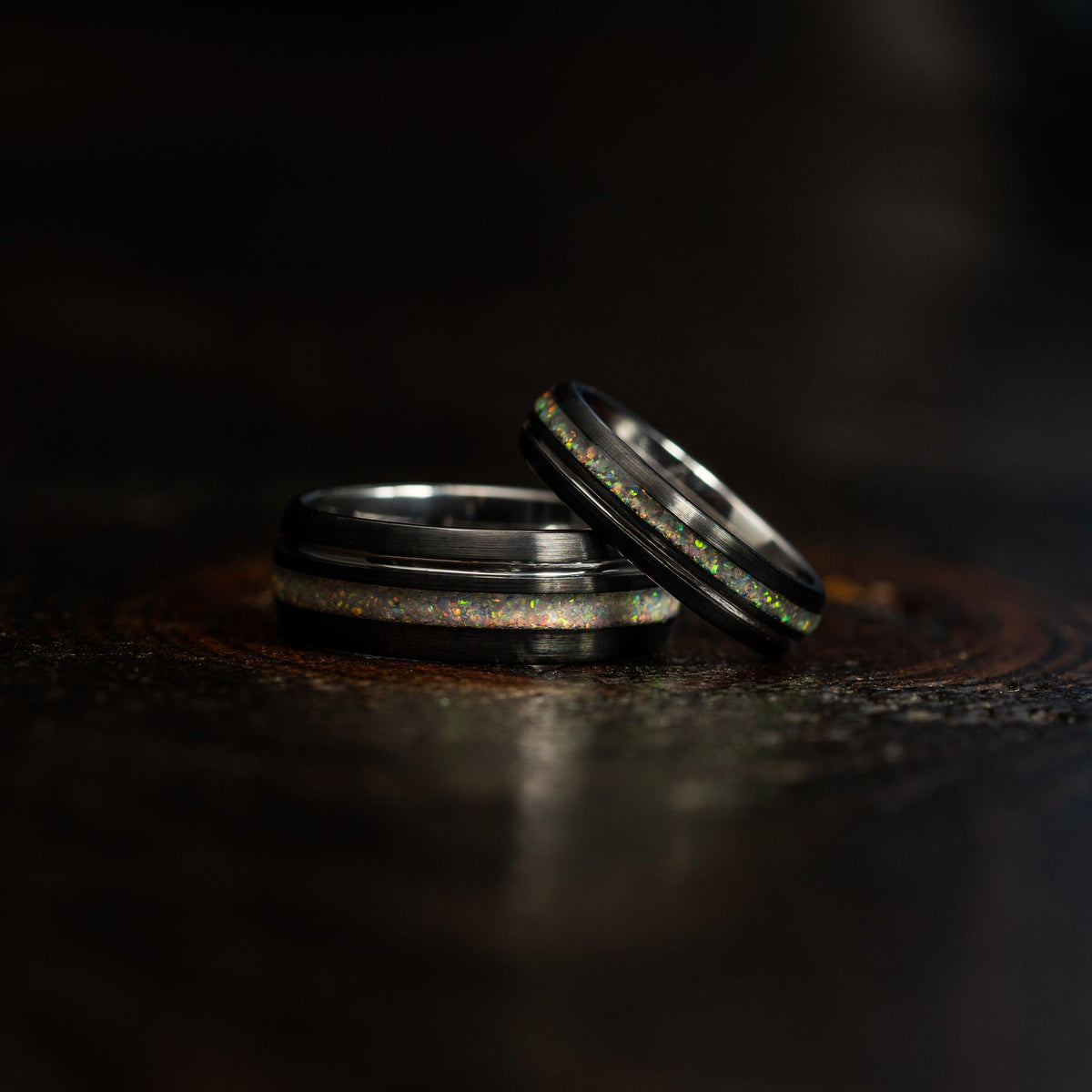 "Dionysis" Womens Tungsten Carbide Ring- White Gold X Fire Opal- 5mm