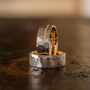"Zeus" Hammered Tungsten Carbide Ring- White Gold w/ Rose Gold Strip- 6mm/8mm-Rings By Lux