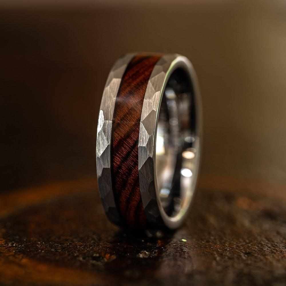 &quot;Zeus&quot; Hammered Tungsten Carbide Ring- Silver with Desert Ironwood-Rings By Lux