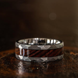 "Zeus" Hammered Tungsten Carbide Ring- Silver with Desert Ironwood-Rings By Lux