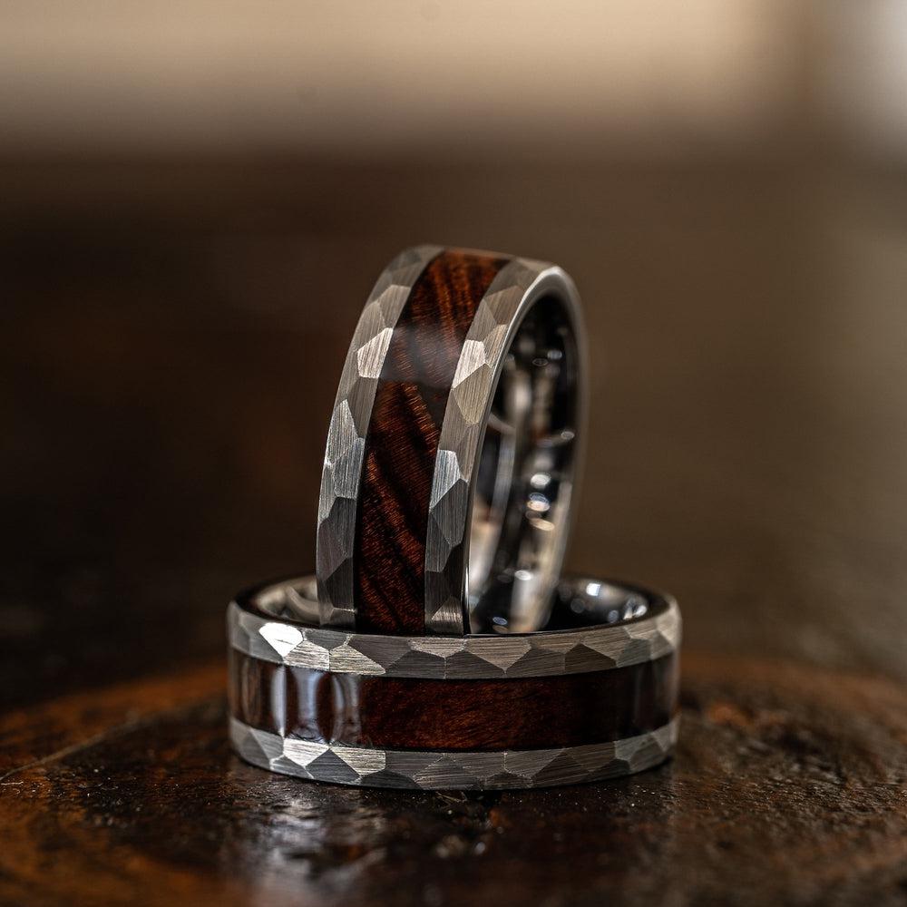 "Zeus" Hammered Tungsten Carbide Ring- Silver with Desert Ironwood-Rings By Lux