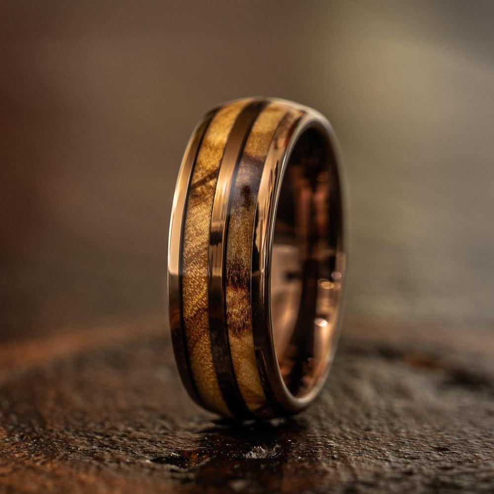 &quot;Dionysus&quot; Olive Wood Double Barrel Rose Gold Tungsten Ring-Rings By Lux