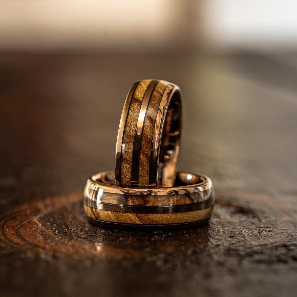 "Dionysus" Olive Wood Double Barrel Rose Gold Tungsten Ring-Rings By Lux