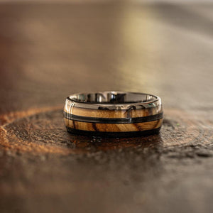 "Dionysus" Olive Wood Double Barrel Gunmetal Tungsten Ring-Rings By Lux