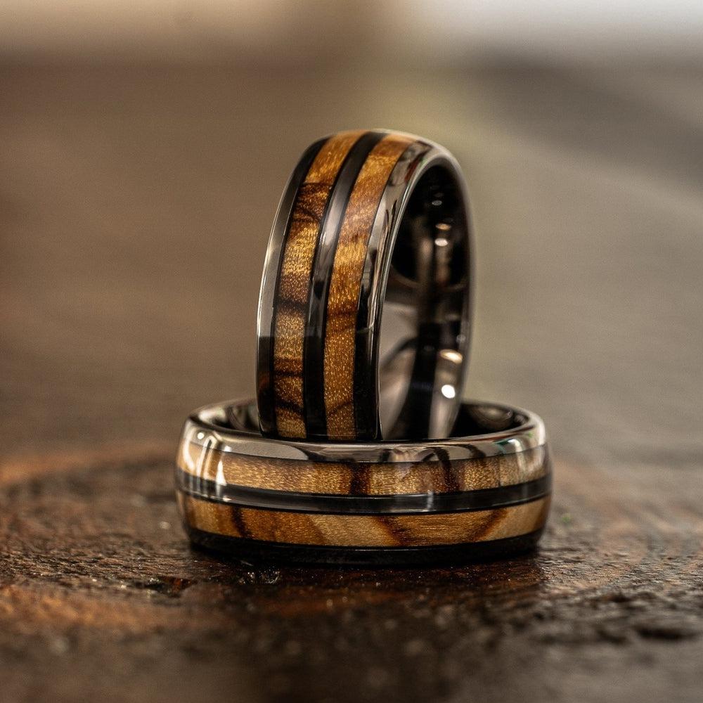 &quot;Dionysus&quot; Olive Wood Double Barrel Gunmetal Tungsten Ring-Rings By Lux