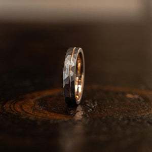 "Zeus" Womens Hammered Tungsten Carbide Ring- White Gold w/ Rose Gold Strip- 4mm-Rings By Lux