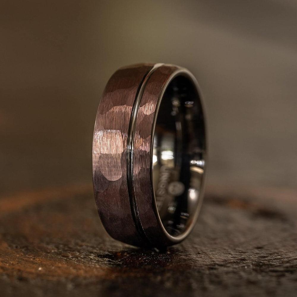 &quot;Zeus&quot; Hammered Tungsten Carbide Ring- Coffee with Gunmetal-Rings By Lux