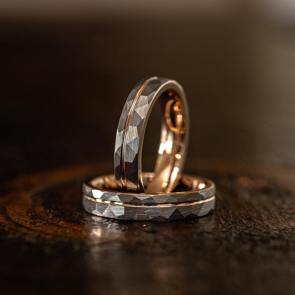 "Zeus" Womens Hammered Tungsten Carbide Ring- White Gold w/ Rose Gold Strip- 4mm-Rings By Lux