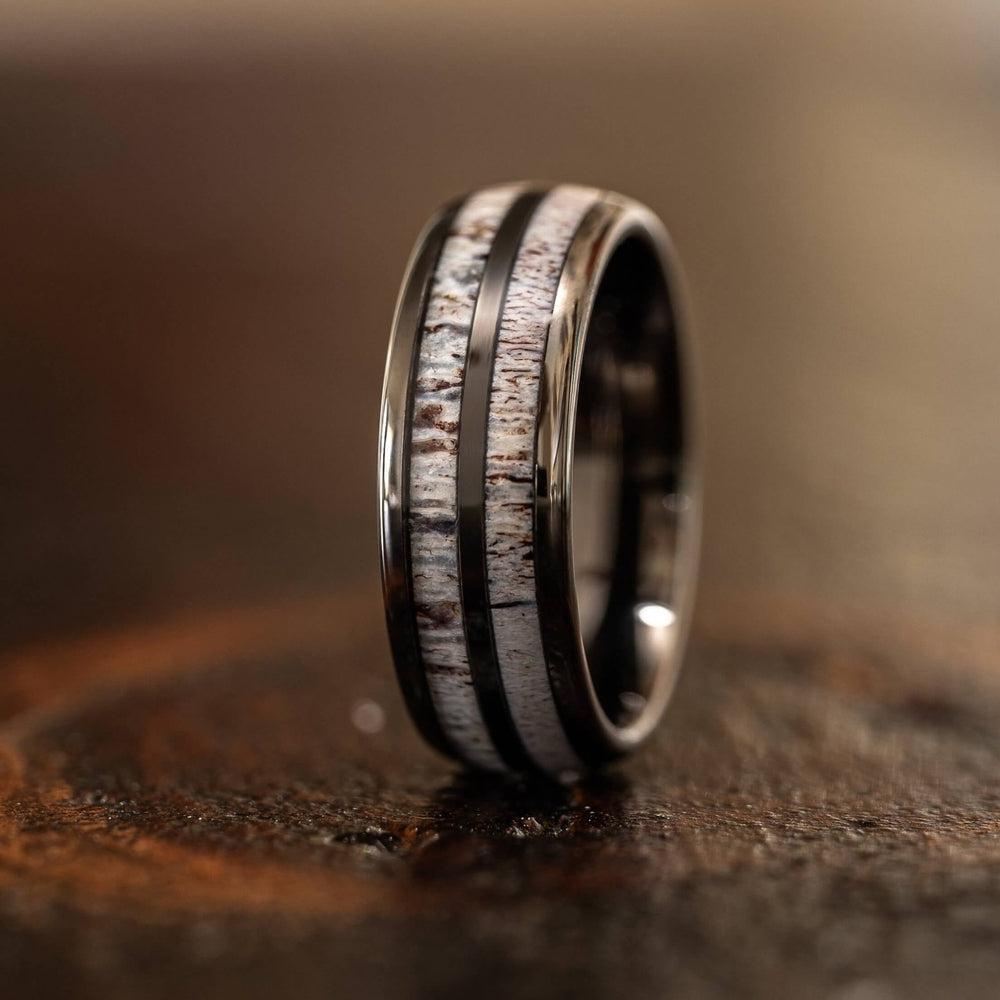 "Dionysus" Double Barrel Naturally Shed Antler Gunmetal Tungsten Ring- Domed-Rings By Lux