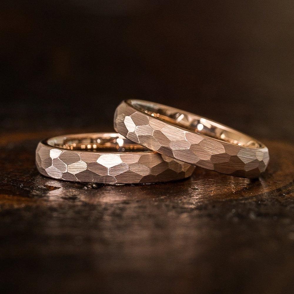 Damascus Steel Ring, Rose Gold Ring, Rose Gold Tungsten Band with Flat Edge  Damascus Steel Pattern Laser Engraved Tungsten Wedding Ring