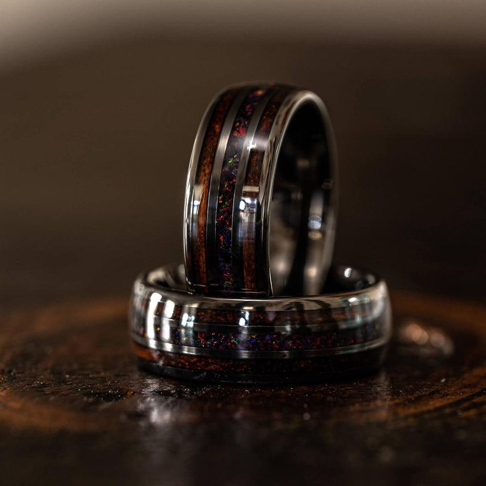 &quot;Dionysus&quot; Desert Ironwood x Black Opal Gunmetal Tungsten Ring-Rings By Lux