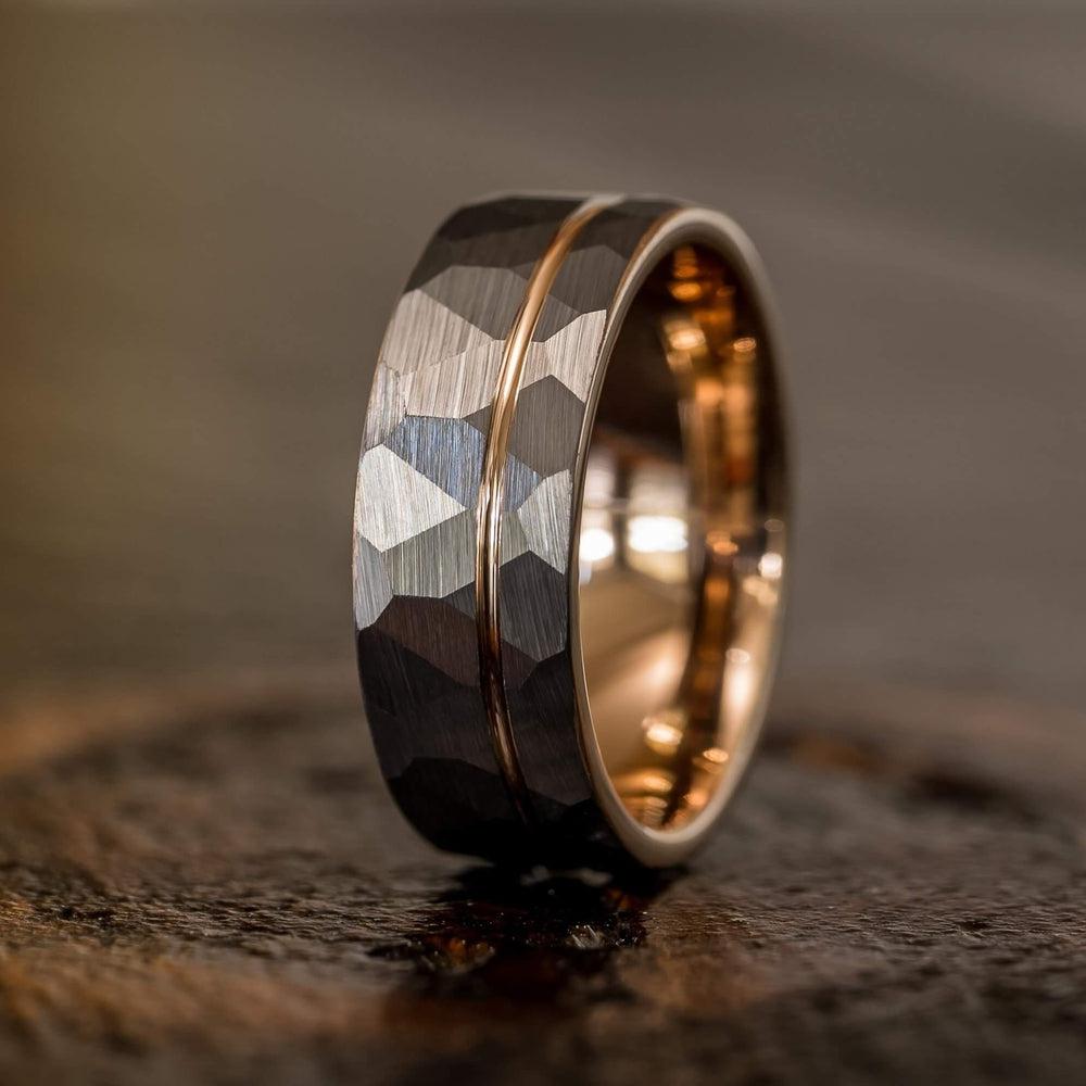 &quot;Zeus&quot; Hammered Tungsten Carbide Ring- White Gold w/ Rose Gold Strip- 6mm/8mm-Rings By Lux