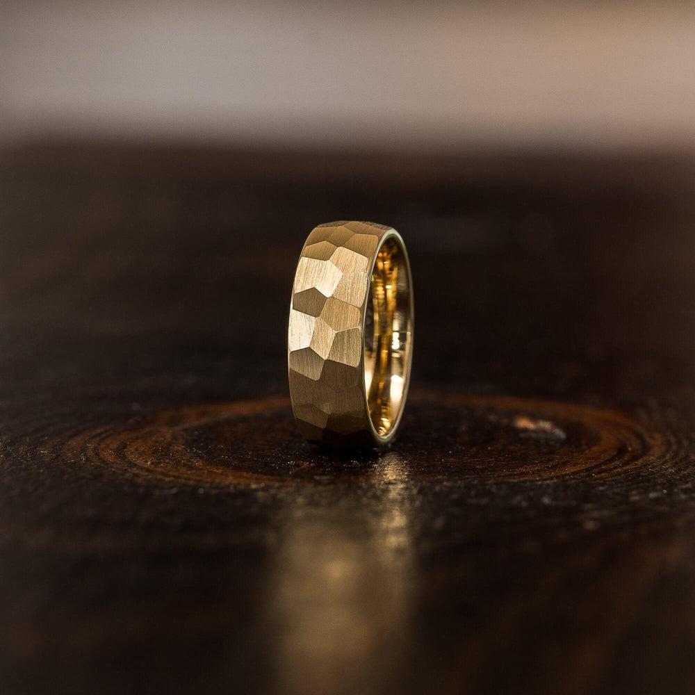 "Zeus" Hammered Tungsten Carbide Ring- Yellow Gold Plate- 8mm-Rings By Lux