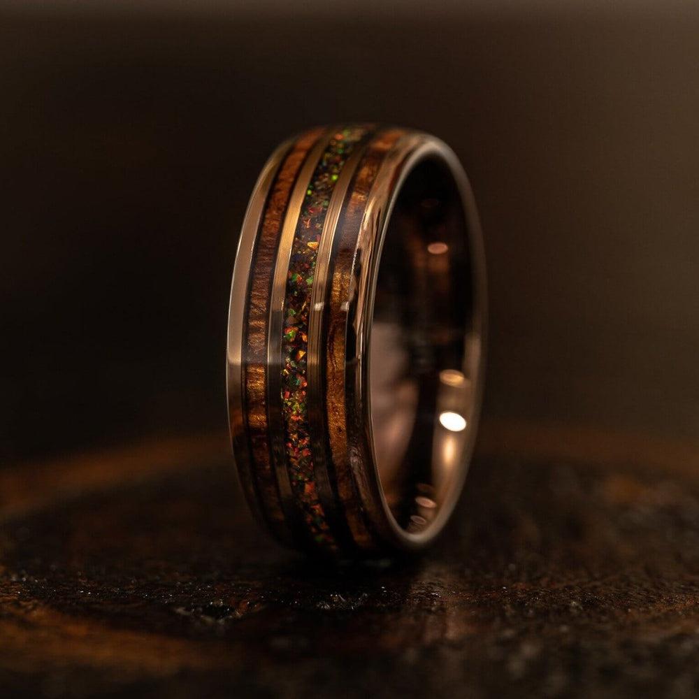 &quot;Dionysus&quot; Hawaiian Koa Wood x Rasta Opal Rose Gold Tungsten Ring-Rings By Lux