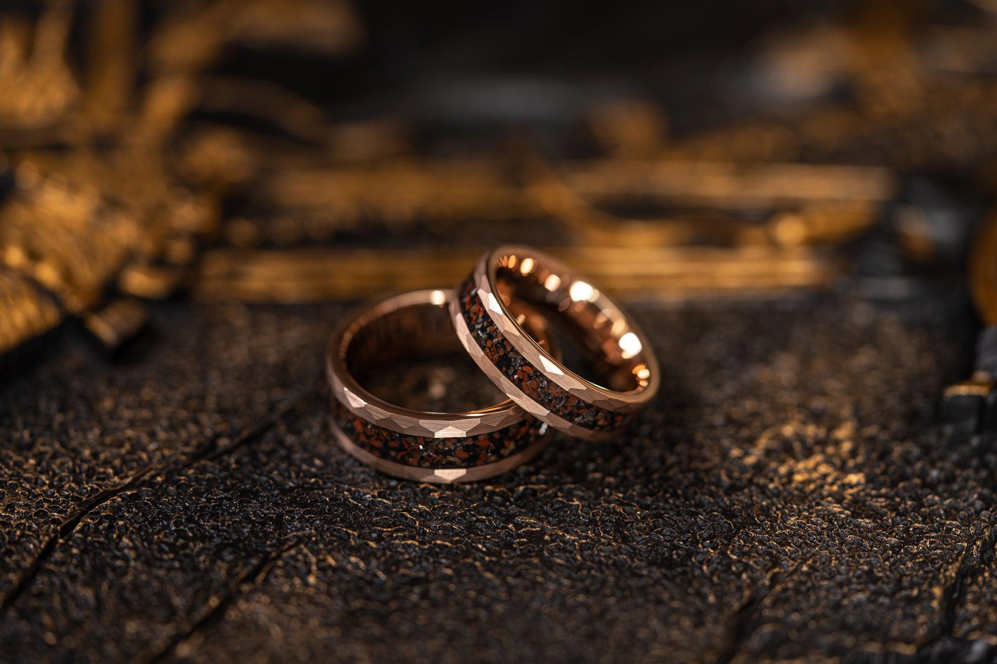 "Perseus" Rose Gold Hammered Tungsten Carbide Ring- Dinosaur Bones and Meteorite- 6mm/8mm