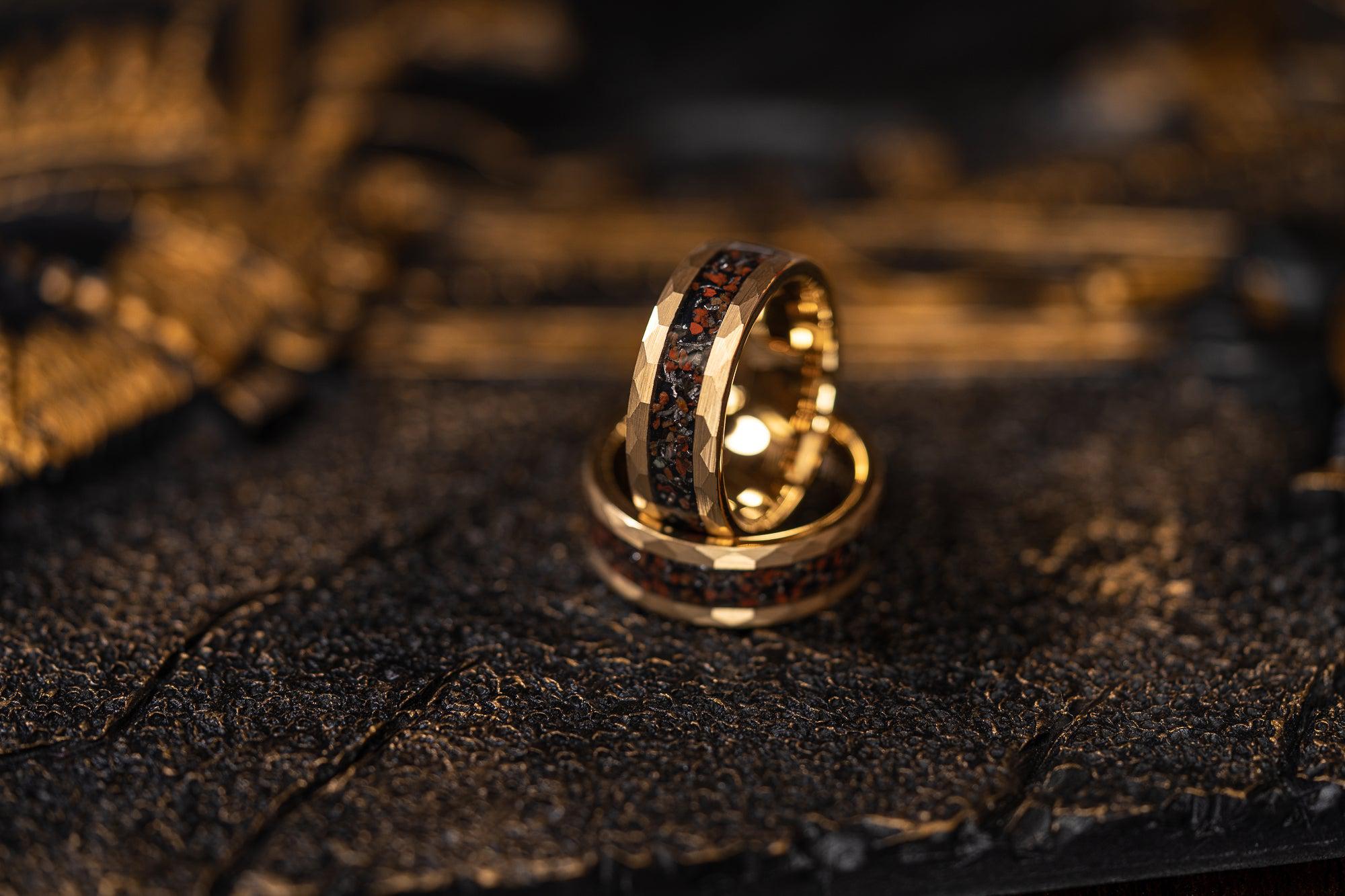 "Perseus" Yellow Gold Hammered Tungsten Carbide Ring- Dinosaur Bones and Meteorite- 6mm/8mm