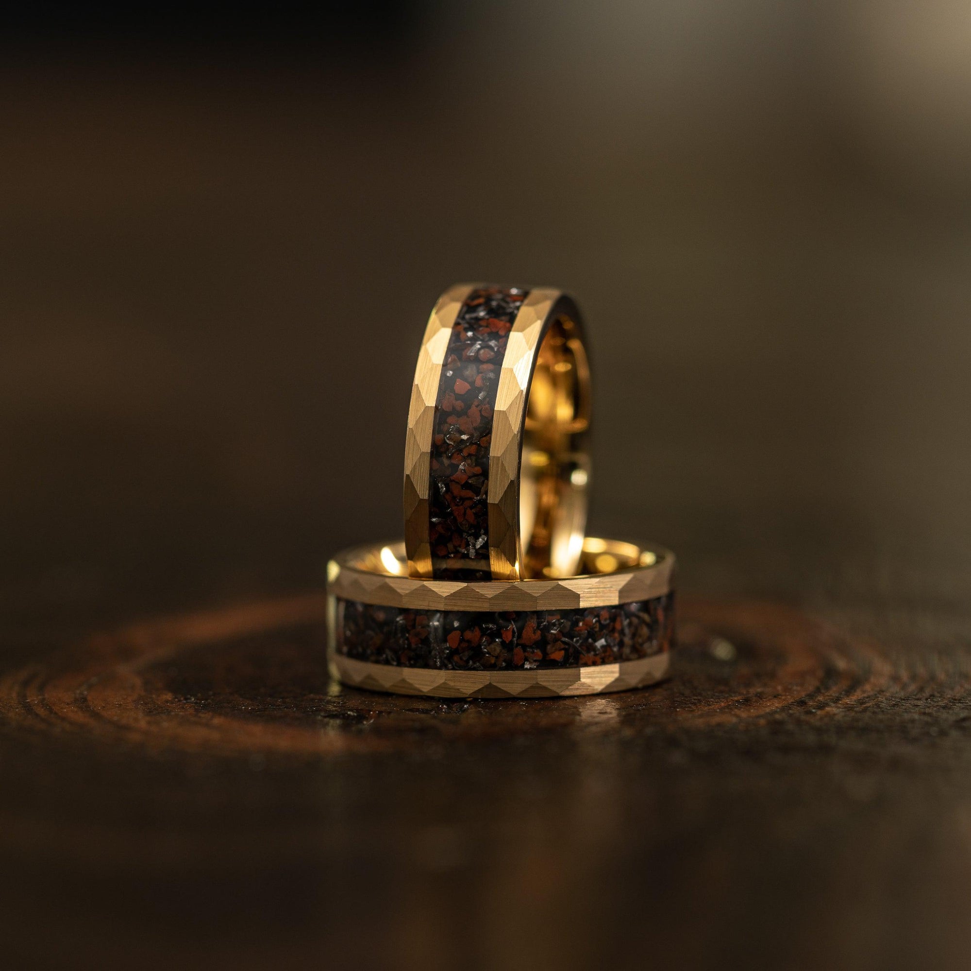 "Perseus" Yellow Gold Hammered Tungsten Carbide Ring- Dinosaur Bones and Meteorite- 6mm/8mm