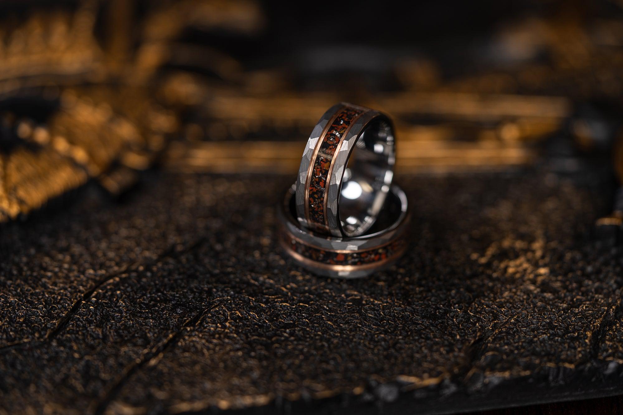 "Perseus" Grey/Rose Hammered Tungsten Carbide Ring- Dinosaur Bones and Meteorite- Grey/Rose- 6mm/8mm